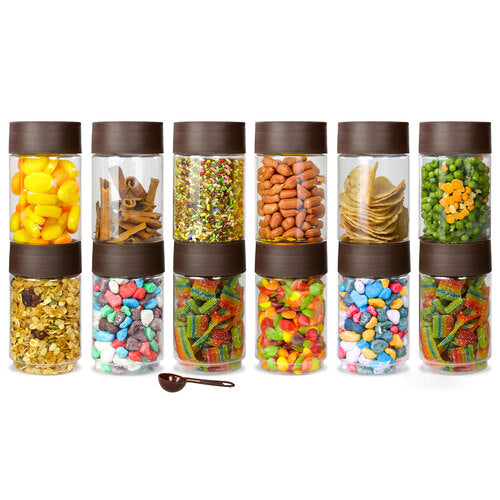 Modedge Plastic Jar Airtight Stackable Container for Kitchen Storage with Spoon, Set of 12 Pieces