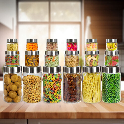 Plus Round Jars with Steel caps - Set of 18 - 200 ml, 500 ml, 1400 ml