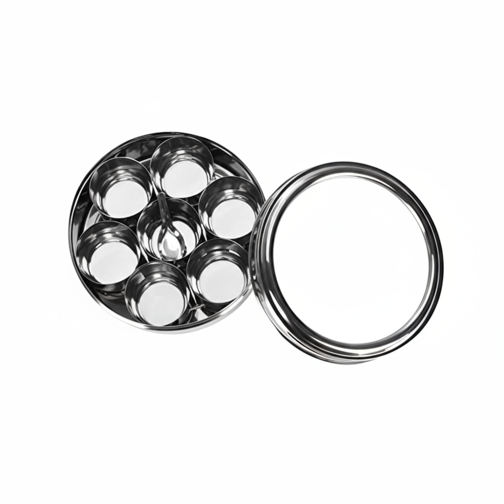 Masala Box Stainless Steel | 7 +1 Stainless Steel Cups & Spoon | See-Through Lids