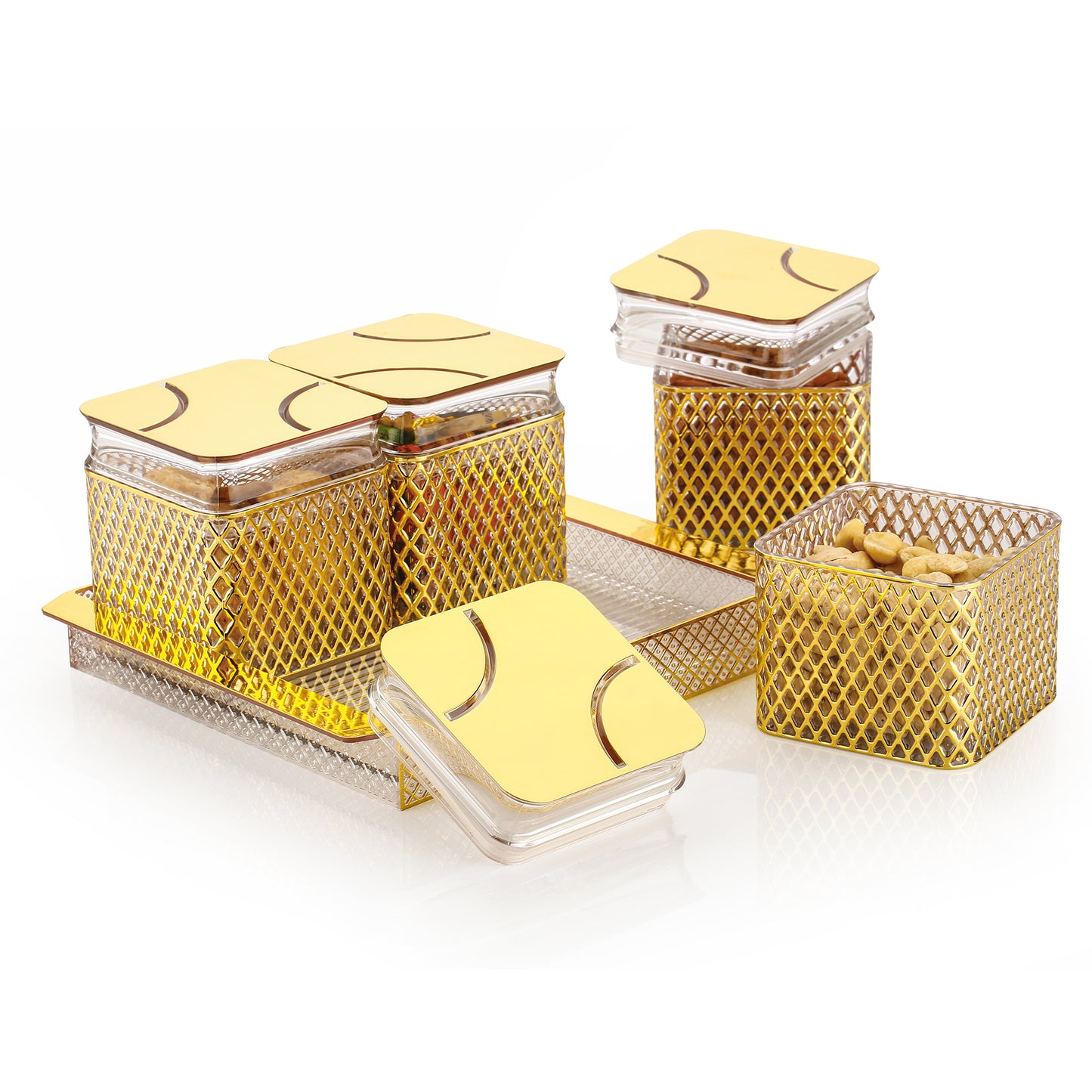 Fiesta Air-Tight Dry Fruit Container Tray Set With Lid & Serving Tray, Airtight Gift Set 500 ml Plastic Jar with Tray, Set of 4