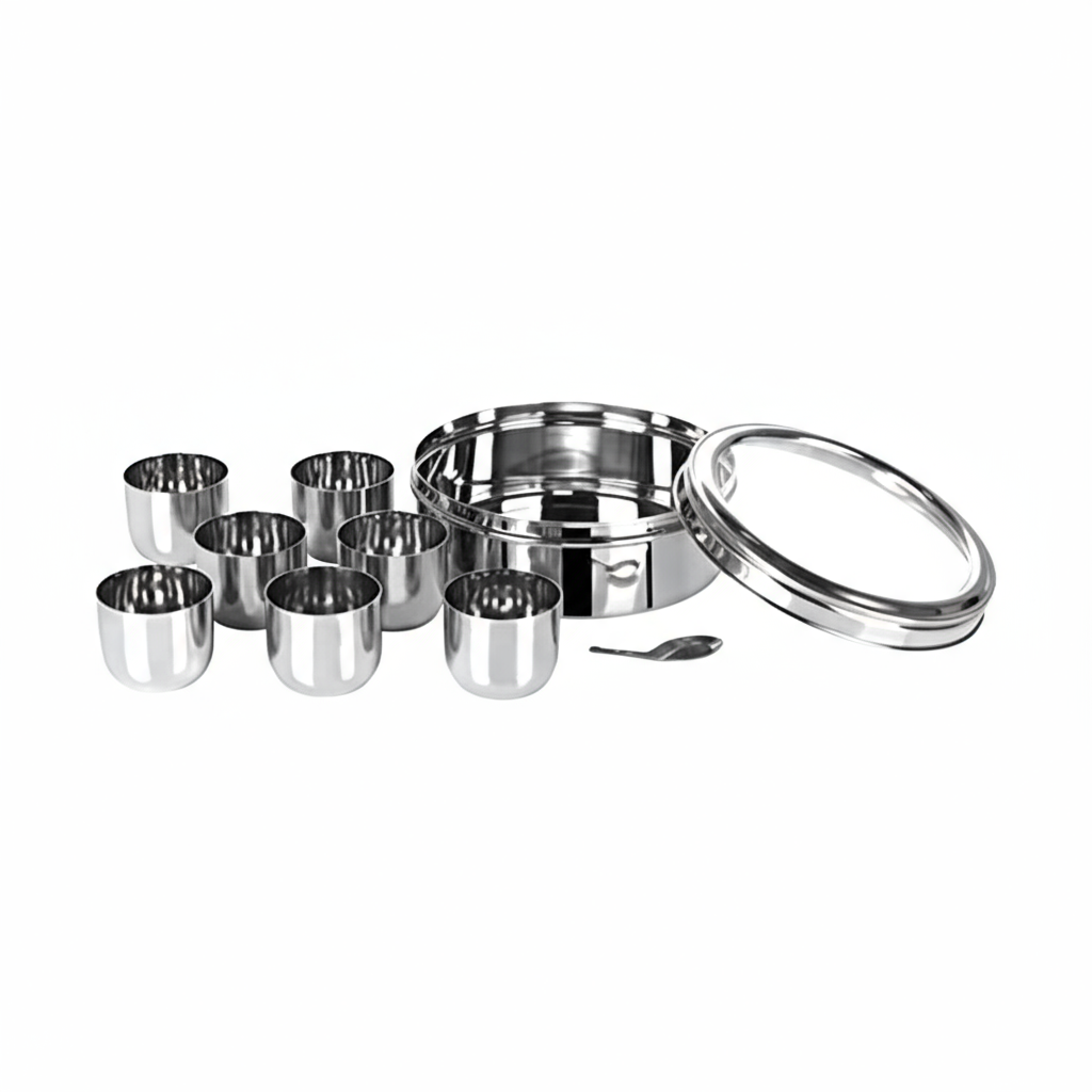 Masala Box Stainless Steel | 7 +1 Stainless Steel Cups & Spoon | See-Through Lids