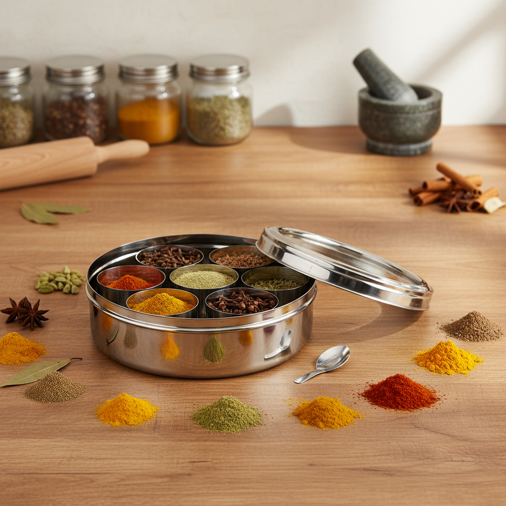 Masala Box Stainless Steel | 7 +1 Stainless Steel Cups & Spoon | See-Through Lids