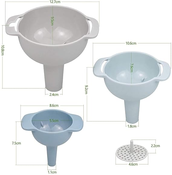 3-Piece Kitchen Funnel Set with Detachable Strainer - Effortless Transfer for Liquids & Dry Ingredients (Pack of 3)