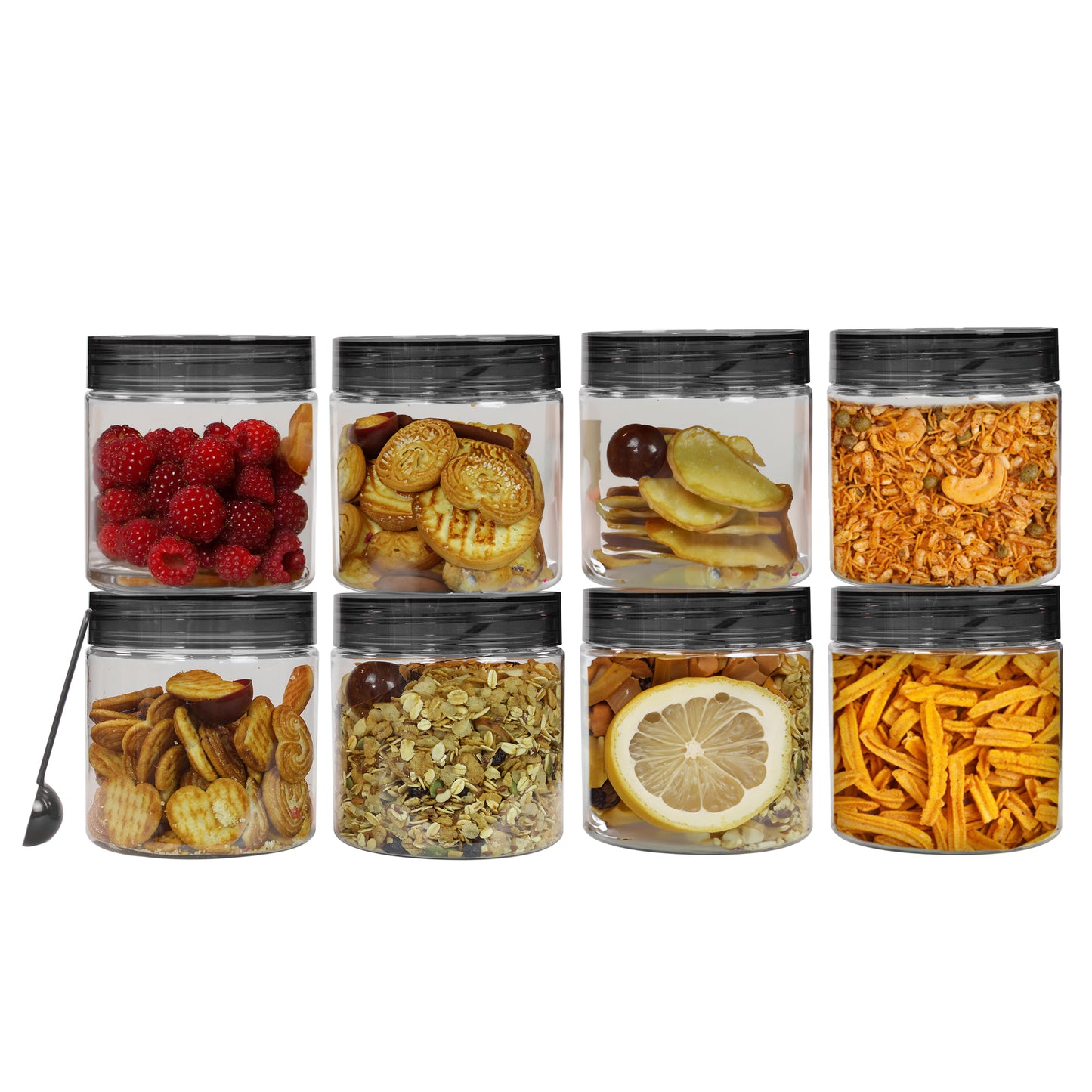 Tiffany Plastic Containers for Kitchen Storage with Spoon | Leakproof | BPA-Free | Stackable Jars | Set of 8