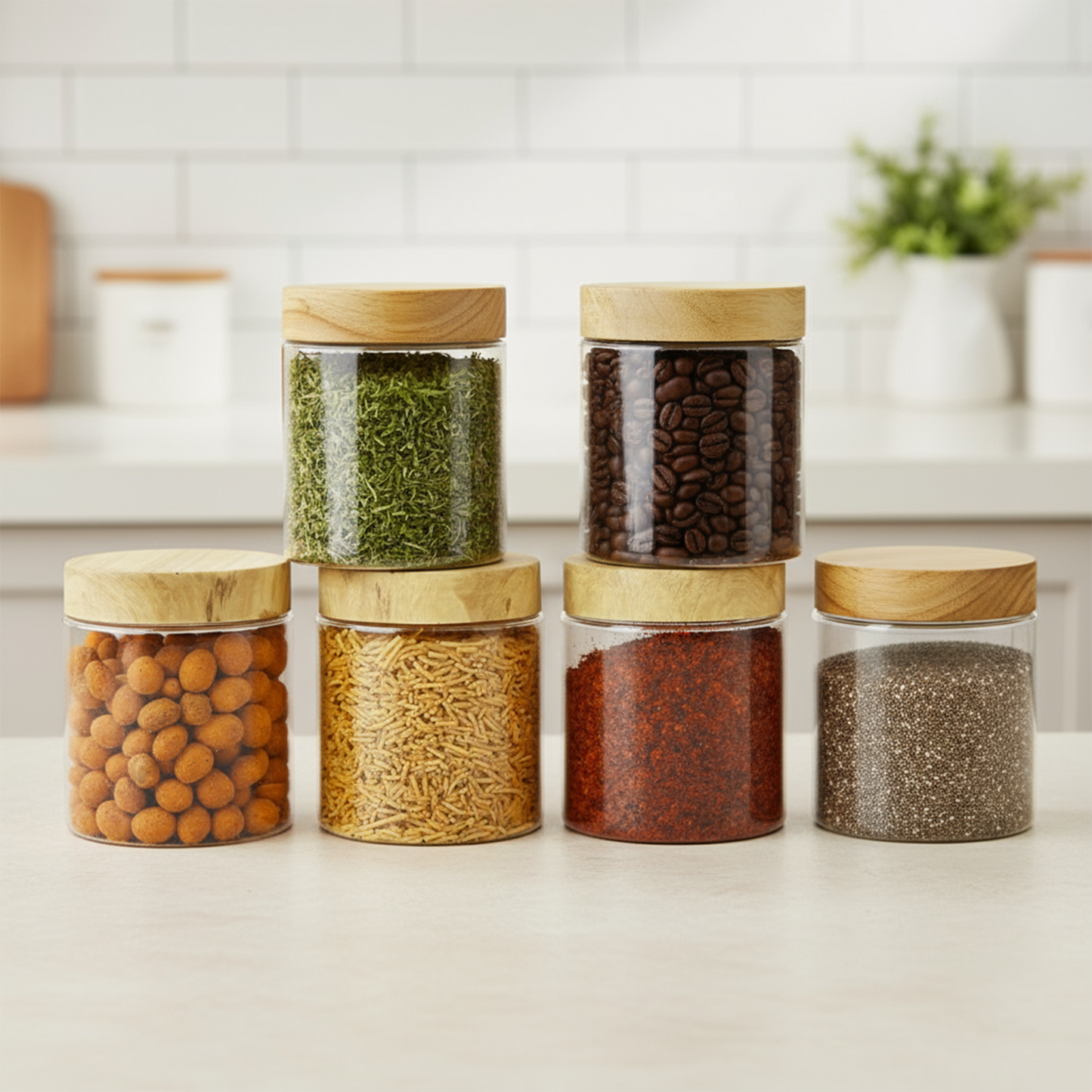 Coral Jars with Wooden like caps |Light brown| Set of 6
