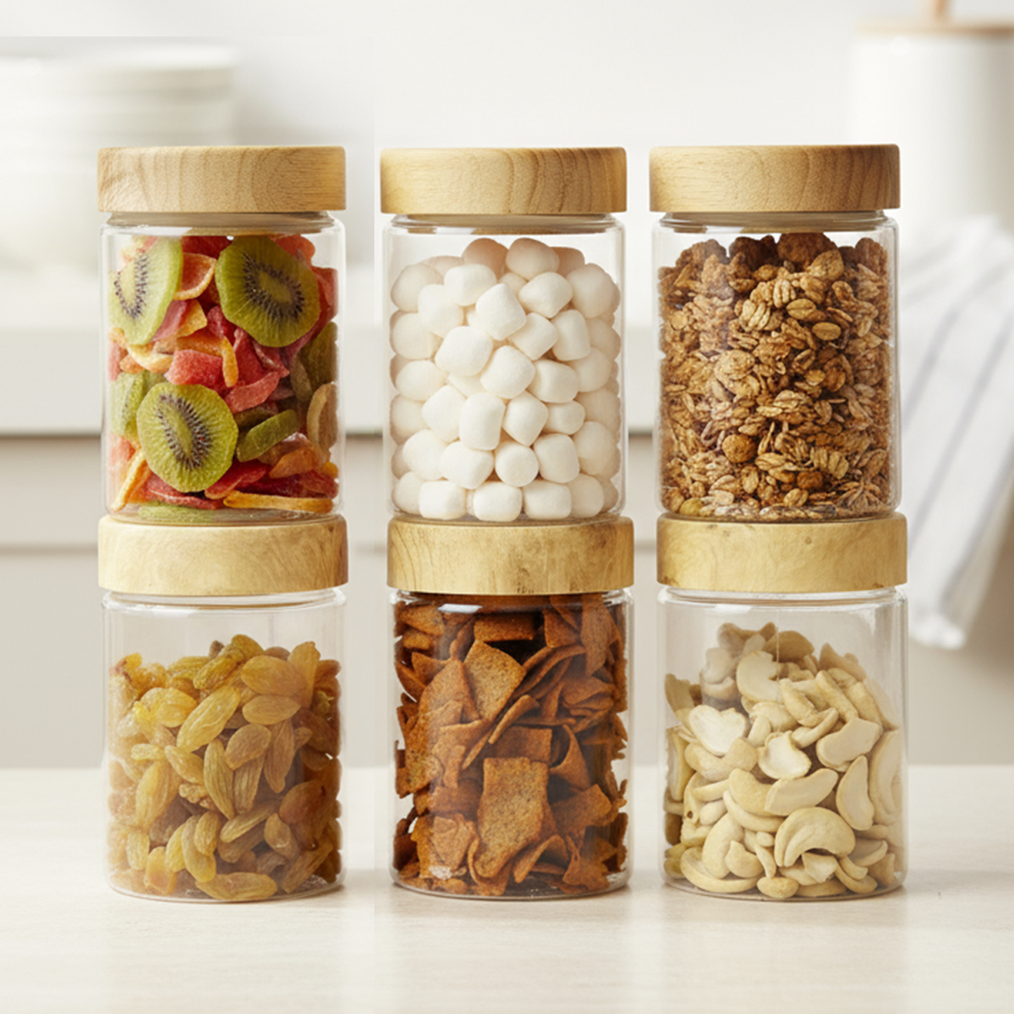 Coral Jars with Wooden like caps |Light brown| Set of 6