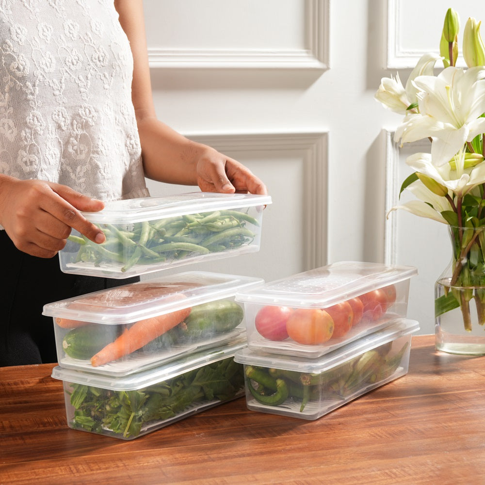 Fridge Storage Boxes (Pack of 6), Fridge Organiser with Removable Drain Plate 1500 ML Container Box