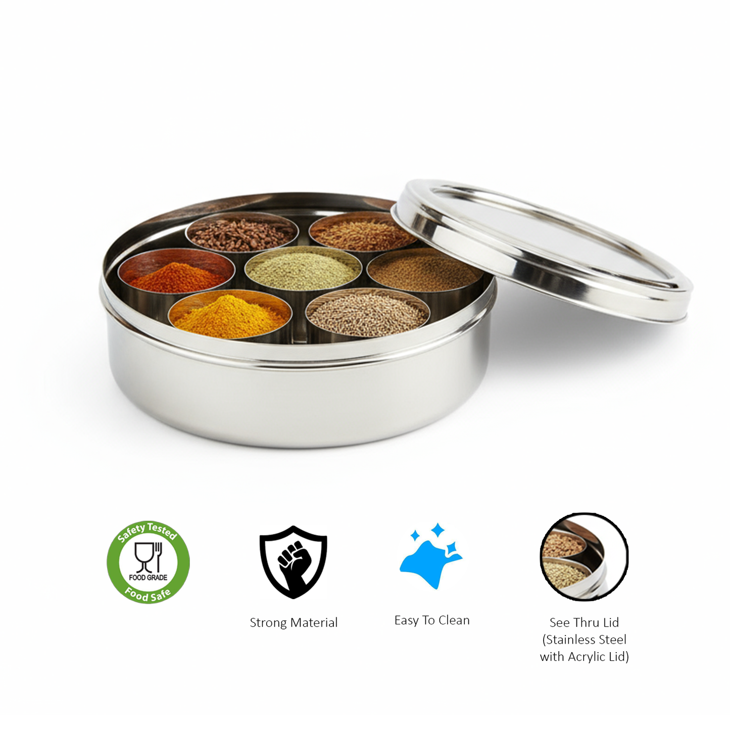 Masala Box with Steel Lid | 7 +1 Stainless Steel Cups & Spoon