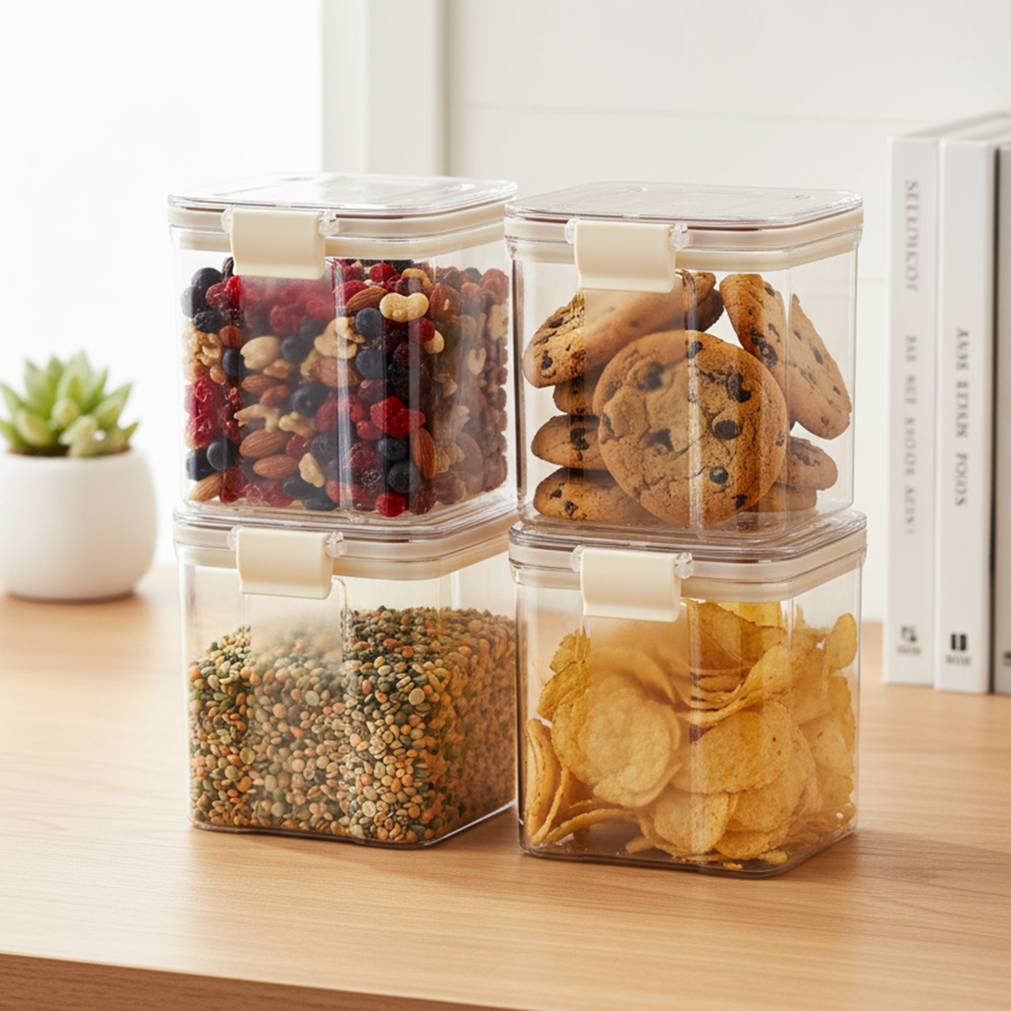 PEARLPET Click n Seal Kitchen Storage Container Set Of 4 Pcs (700 ml Each, Plastic, Square Shape)