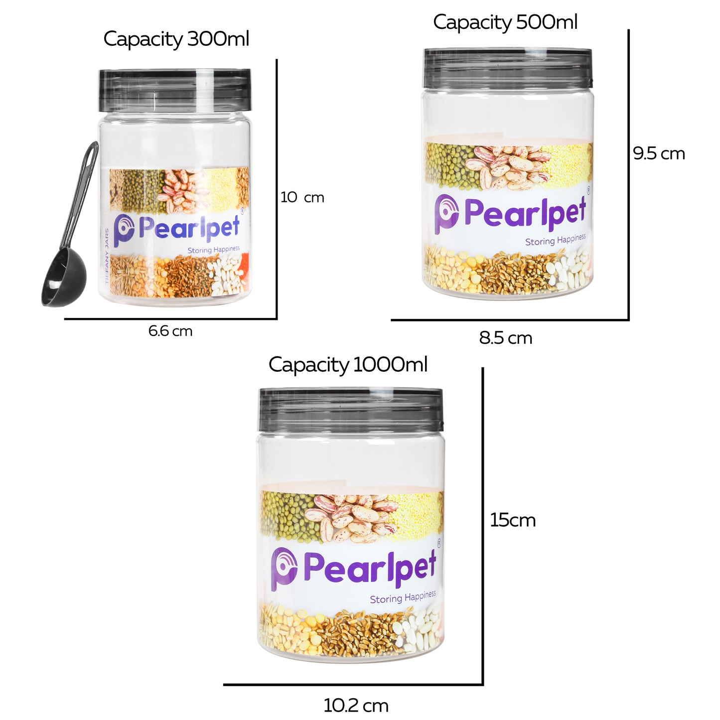 Pearlpet Tiffany Smoke Grey Set of 18 pieces (6pcs x 300ml, 6pcs x 500ml, 6pcs x 1000ml) with Hydrous bottle 6pcs 1000ml (Smoke grey) |BPA Free |Leak Proof |Stackable Jars