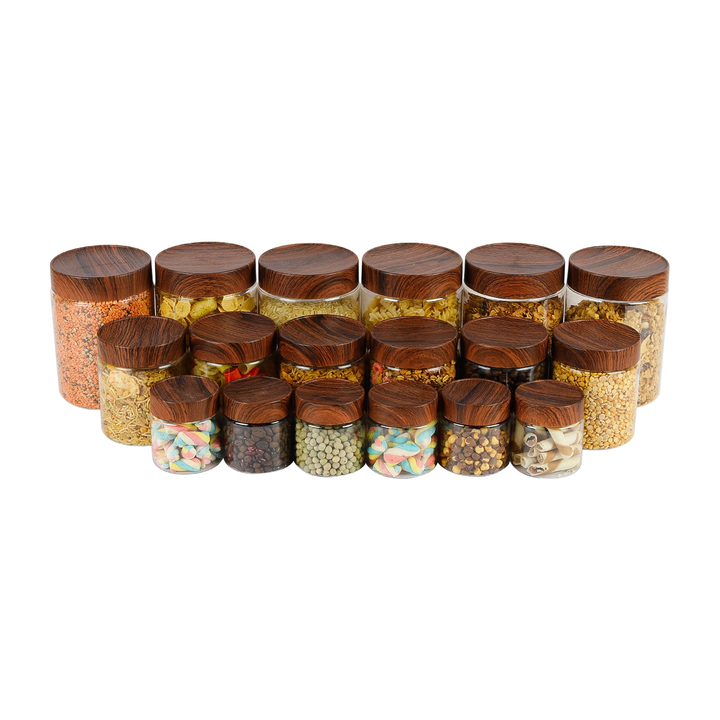 CORAL TRANSPARENT STORAGE JARS - SET OF 18 - WITH WOODEN LIDS - 200 ml, 500 ml, 1400 ml
