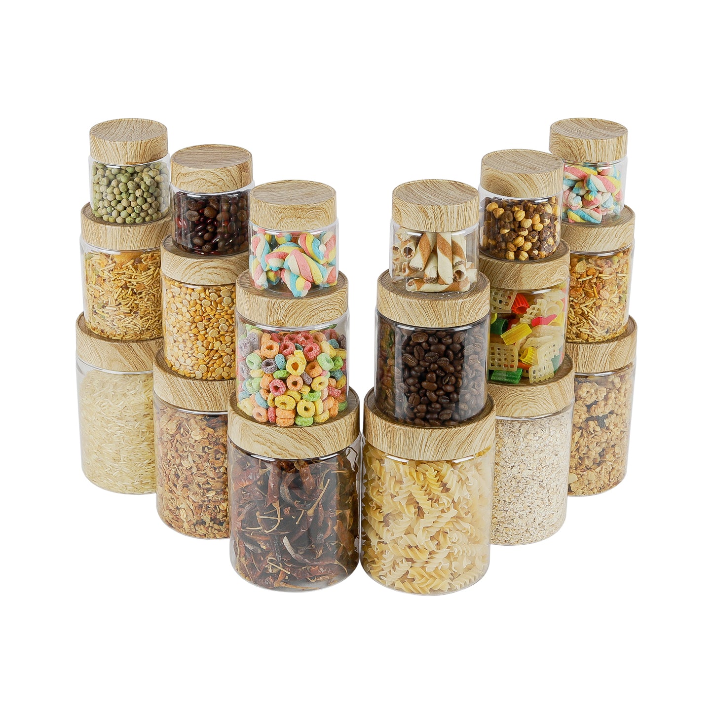 CORAL TRANSPARENT STORAGE JARS - SET OF 18 - WITH WOODEN LIDS - 200 ml, 500 ml, 1400 ml