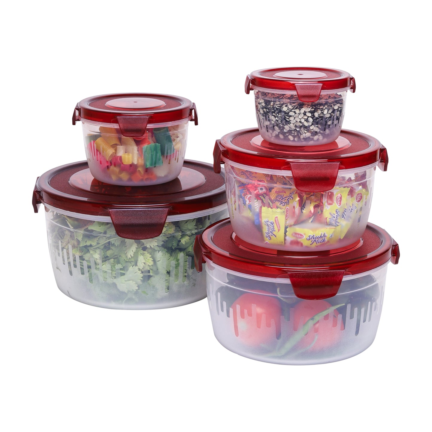 PEARLPET PP Container Circular Plastic Food Storage Container with Air Tight Lid | Fridge & Freezer Dabba Containers, Fruit Box Set of 5 (300ml, 600ml, 1200ml, 1800ml and 3000ml)