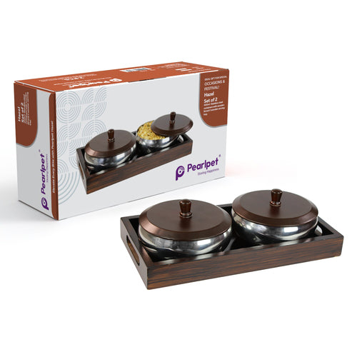 Hazel Stainless Steel 2 Bowls Set(500ml) with Wooden Serving Tray & 2 Wooden Finish Lids, Gift Set, Dryfruit Jar