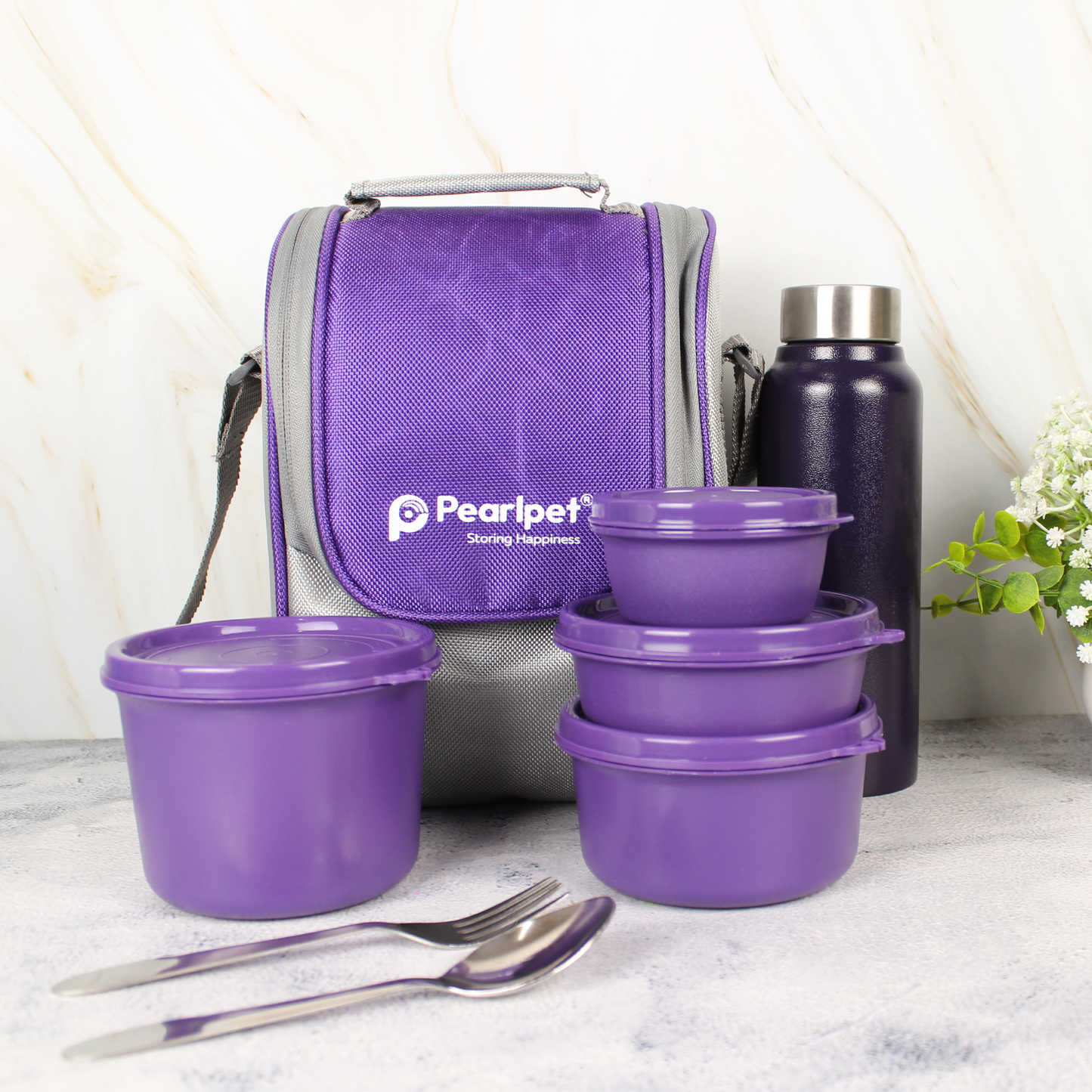 Pearlpet Executive Buffe Steel Lunch Box Set |4 containers (600ml, 400ml, 250ml, 130ml), 750ml water bottle |Leak-Proof Office Tiffin with Bag |Stylish & Travel-Friendly