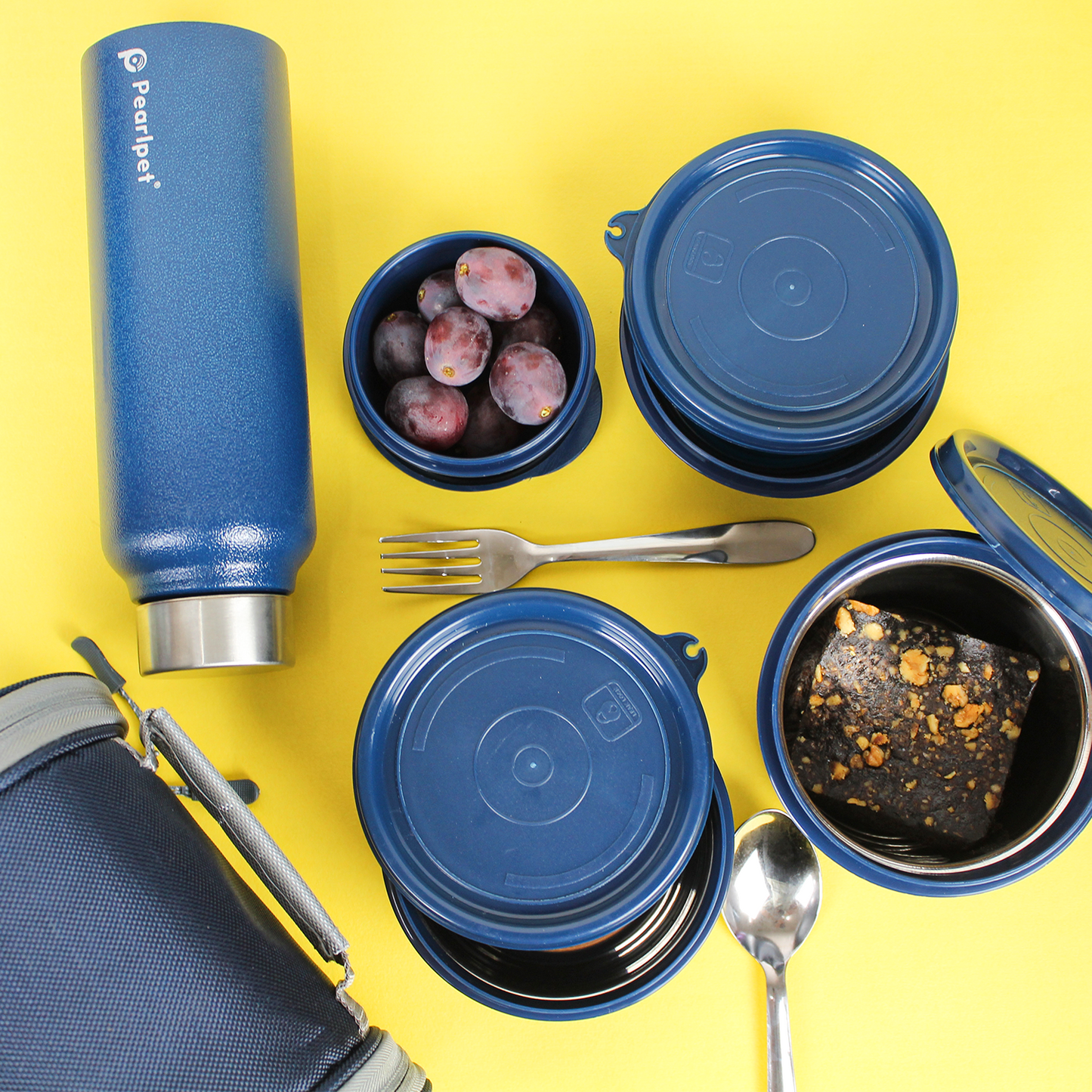 Pearlpet Executive Buffe Steel Lunch Box Set |4 containers (600ml, 400ml, 250ml, 130ml), 750ml water bottle |Leak-Proof Office Tiffin with Bag |Stylish & Travel-Friendly
