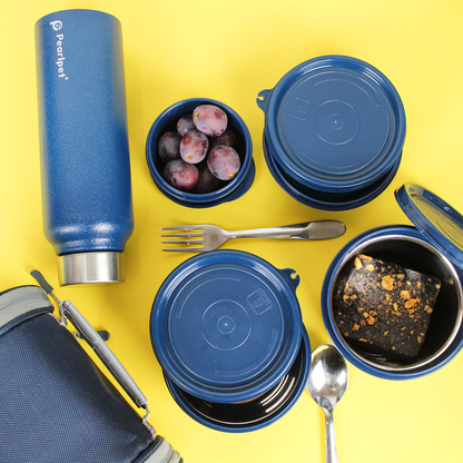 Pearlpet Executive Buffe Steel Lunch Box Set |4 containers (600ml, 400ml, 250ml, 130ml), 750ml water bottle |Leak-Proof Office Tiffin with Bag |Stylish & Travel-Friendly