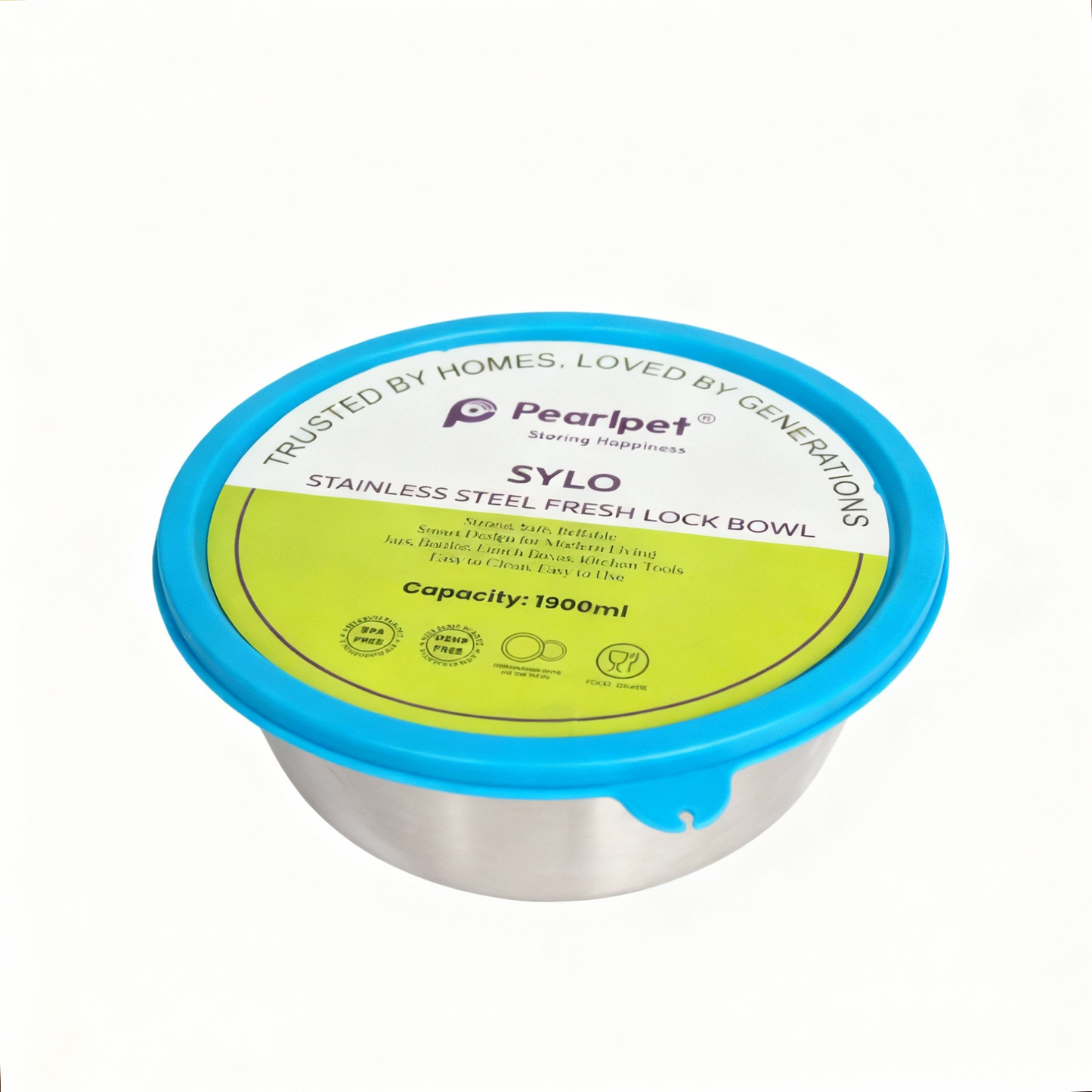 Sylo Stainless Steel Bowl 1900 ml | Airtight Food Storage Bowl with BPA-Free Lid
