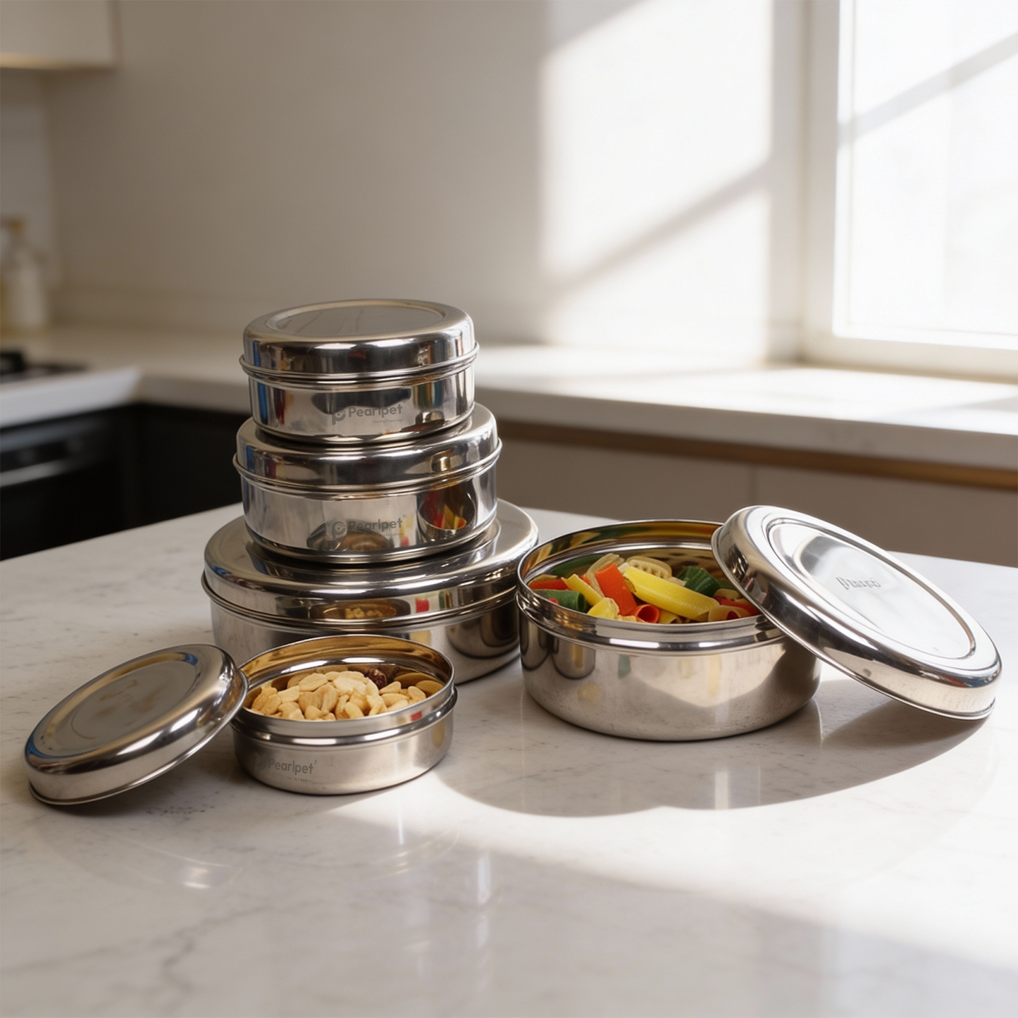 Steel Flat Canisters| Puri Dabba|Storage Containers Set Of 5 Pcs