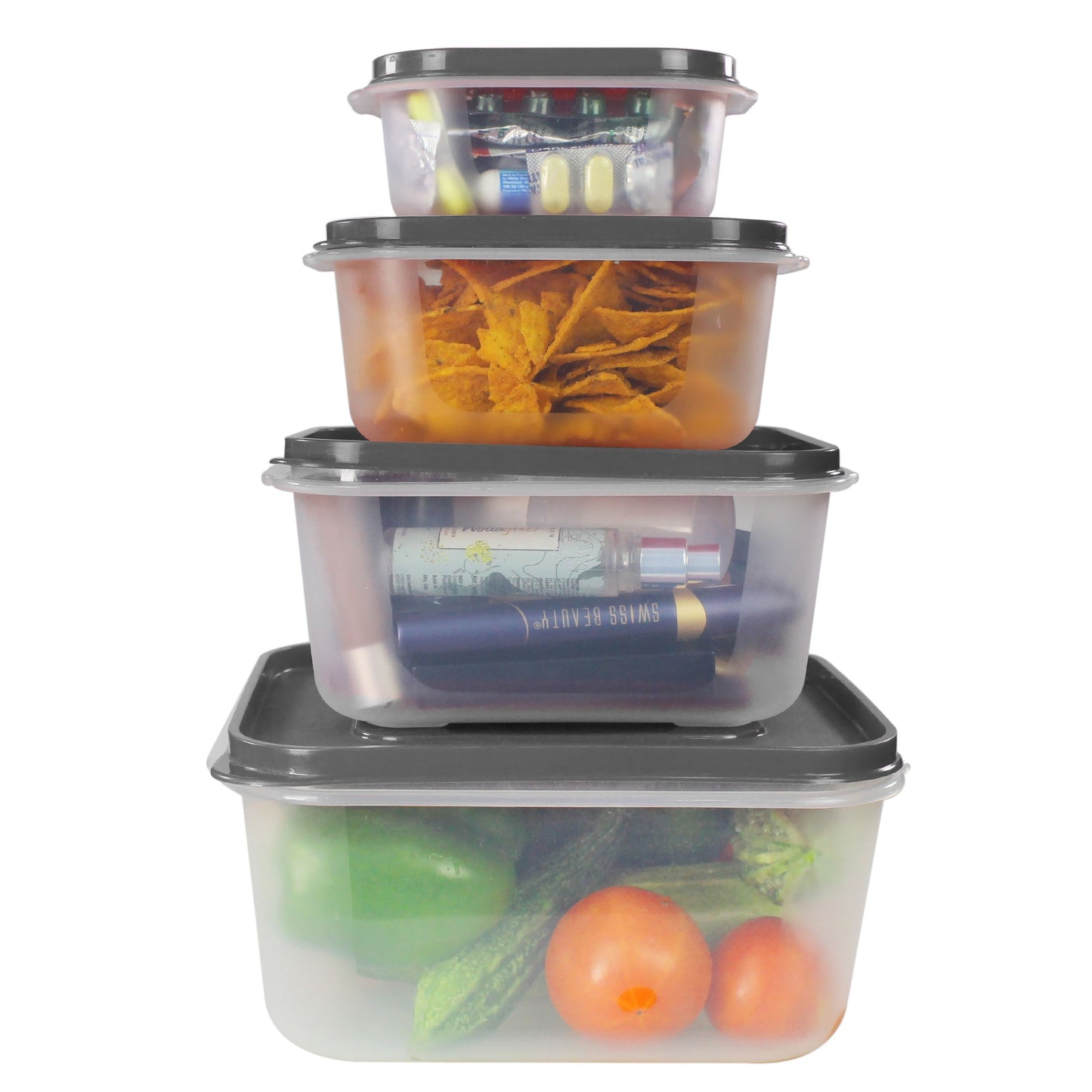 PP Container Rectangular Plastic Food Storage Container with Air Tight Lid | Fridge & Freezer Dabba Containers, Fruit Box Set of 4 (700ml, 1400ml, 2400ml and 4000ml)