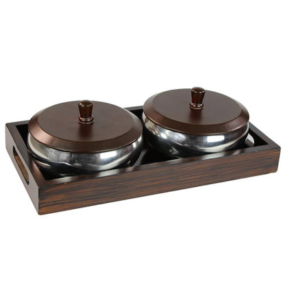 Hazel Stainless Steel 2 Bowls Set(500ml) with Wooden Serving Tray & 2 Wooden Finish Lids, Gift Set, Dryfruit Jar