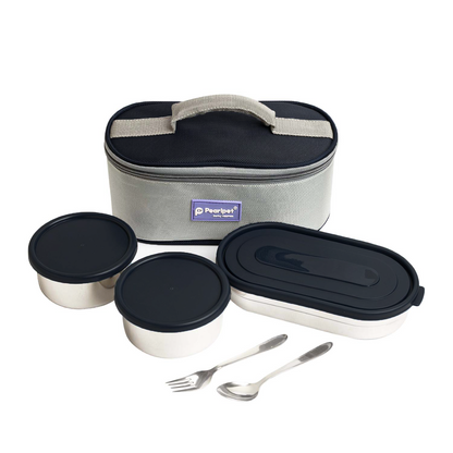 Pearlpet Executive Steel Lunch Box Set |2×300ml and 1×450ml |Leak-Proof Office Tiffin with Bag |Stylish & Travel-Friendly
