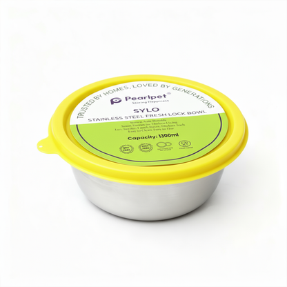 Sylo Stainless Steel Bowl 1300 ml | Airtight Food Storage Bowl with BPA-Free Lid