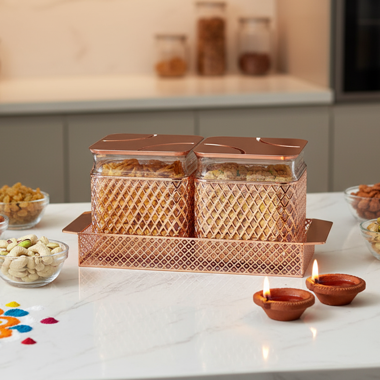 Fiesta Air-Tight Dry Fruit Container Tray Set With Lid & Serving Tray, Airtight Gift Set, 500 ml, Set of 2