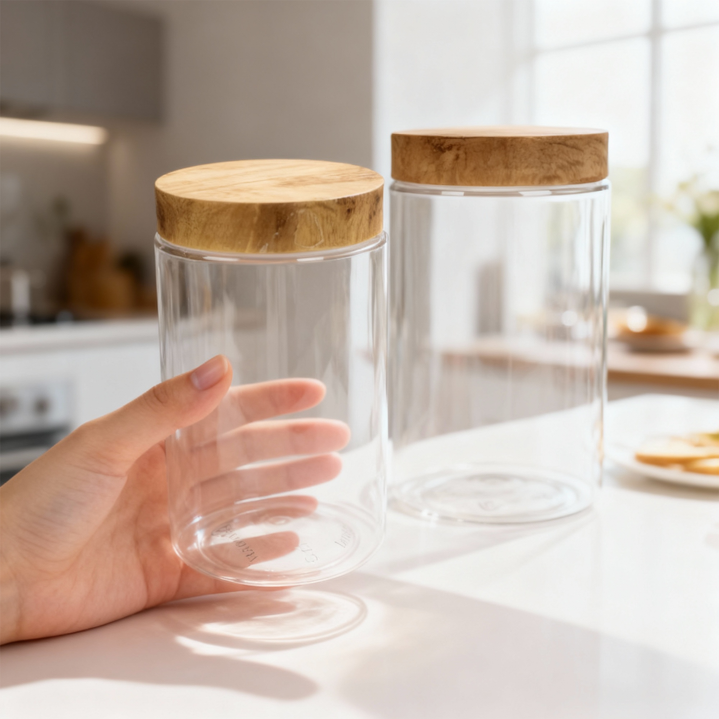 CORAL TRANSPARENT STORAGE JARS - SET OF 18 - WITH WOODEN LIDS - 200 ml, 500 ml, 1000 ml