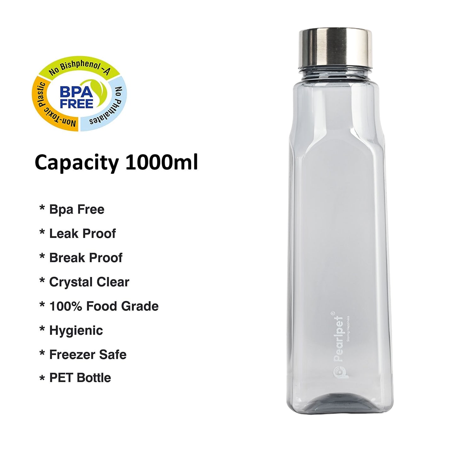 1000ml Ellie Square Bottle Stainless Steel Cap - Assorted - Set of 5