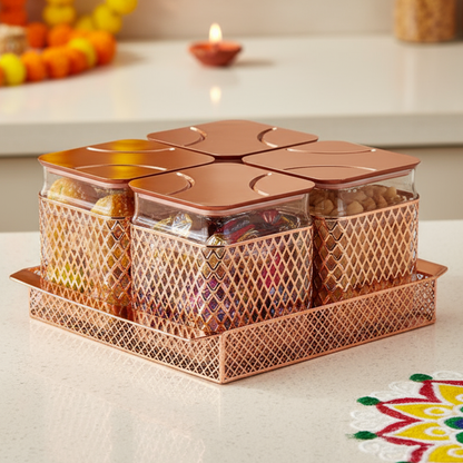 Fiesta Air-Tight Dry Fruit Container Tray Set With Lid & Serving Tray, Airtight Gift Set 500 ml Plastic Jar with Tray, Set of 4