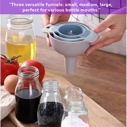 3-Piece Kitchen Funnel Set with Detachable Strainer - Effortless Transfer for Liquids & Dry Ingredients (Pack of 3)