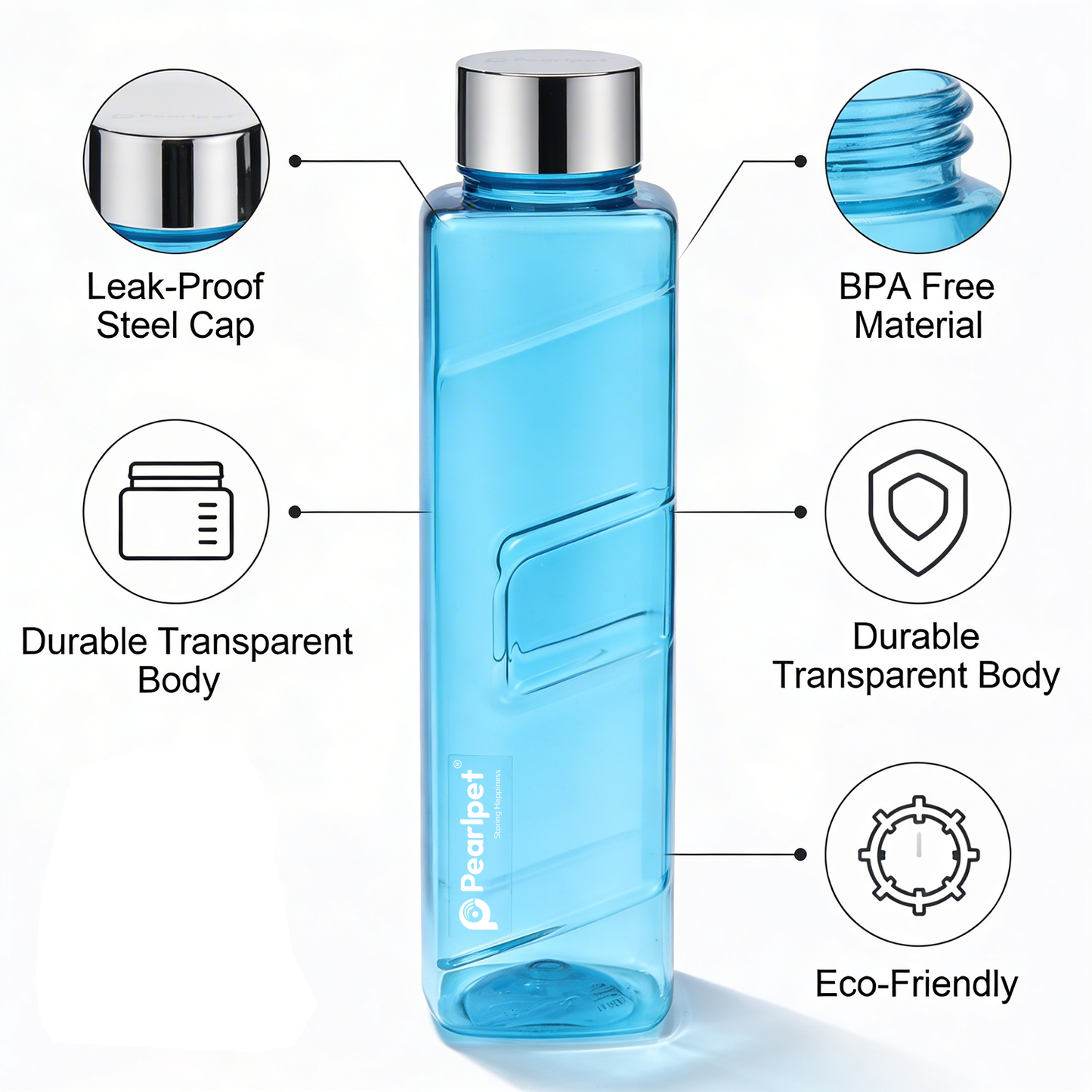 1000ml Gripper Square Water Bottle Assorted (Multicolor) - Set of 4