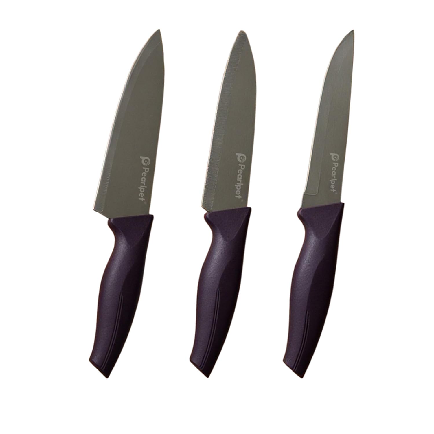 Three knives with purple handles and gray blades on a white background