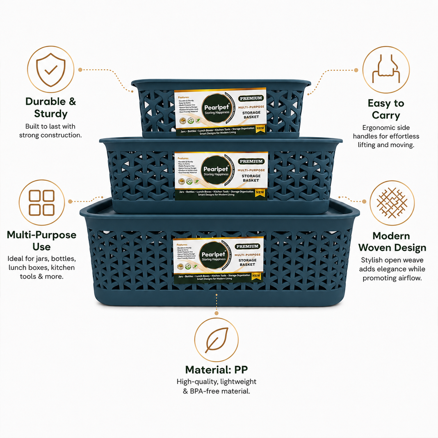 PEARLPET Everyday Basket Set of 3 with Lid – Smart organisation for every corner of your home