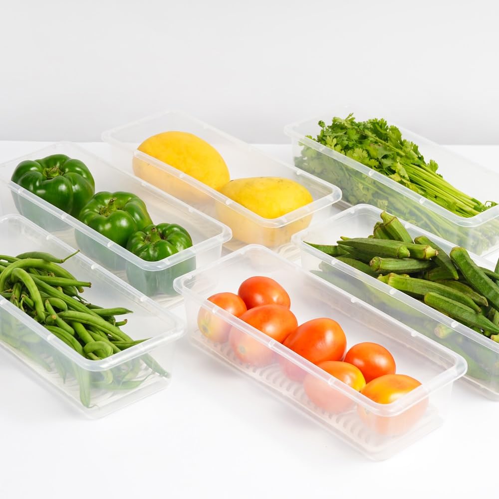 Fridge Storage Boxes (Pack of 6), Fridge Organiser with Removable Drain Plate 1500 ML Container Box