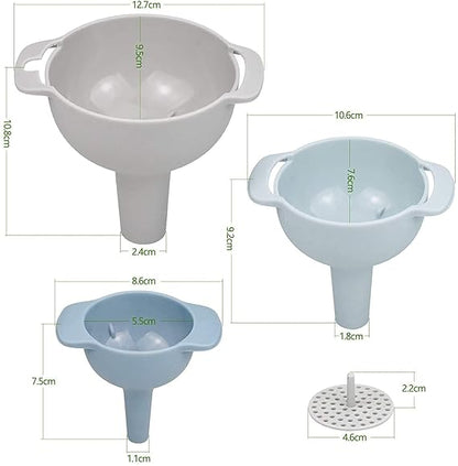 3-Piece Kitchen Funnel Set with Detachable Strainer - Effortless Transfer for Liquids & Dry Ingredients (Pack of 3)