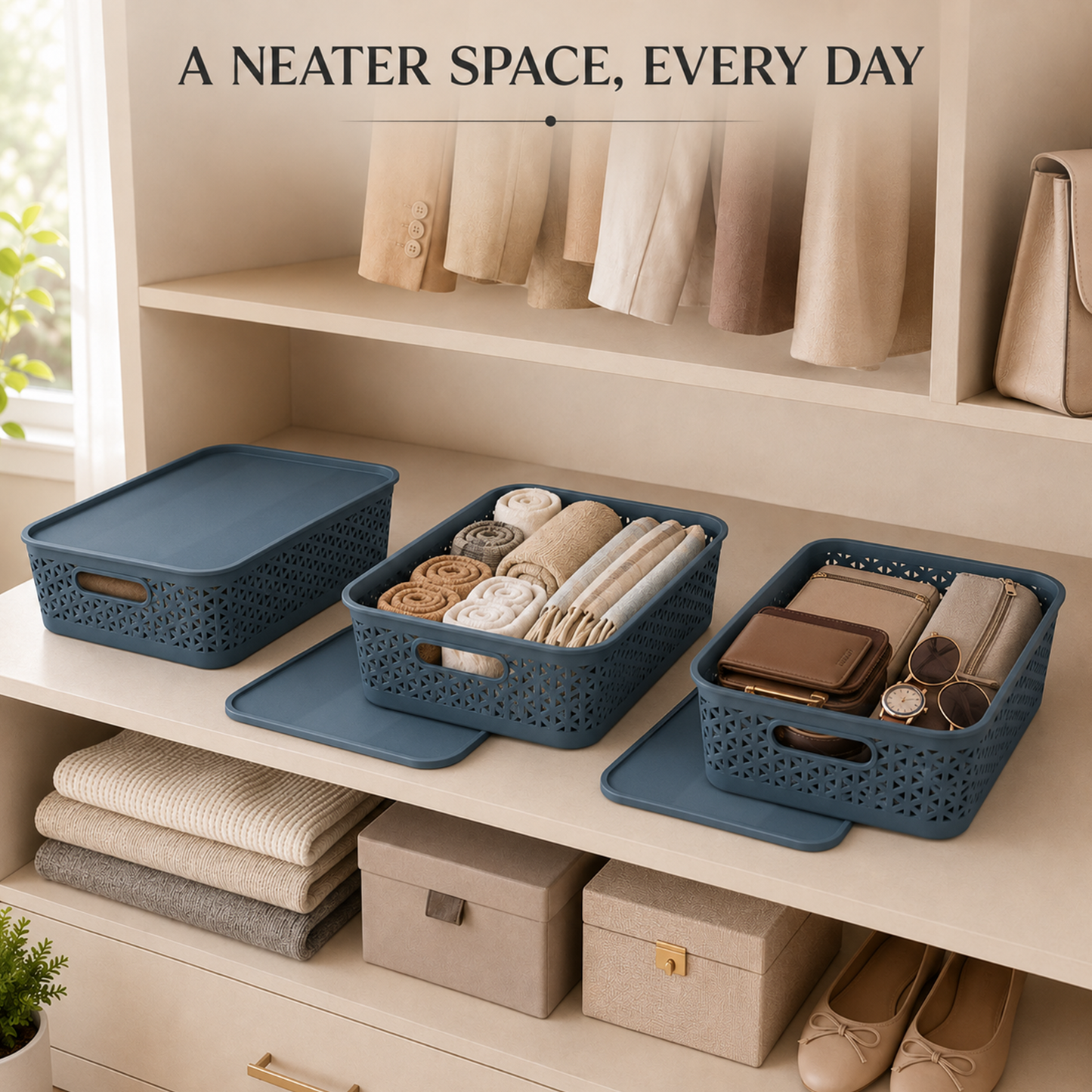 PEARLPET Everyday Basket Pack of 3 with Lid – Smart organisation for every corner of your home
