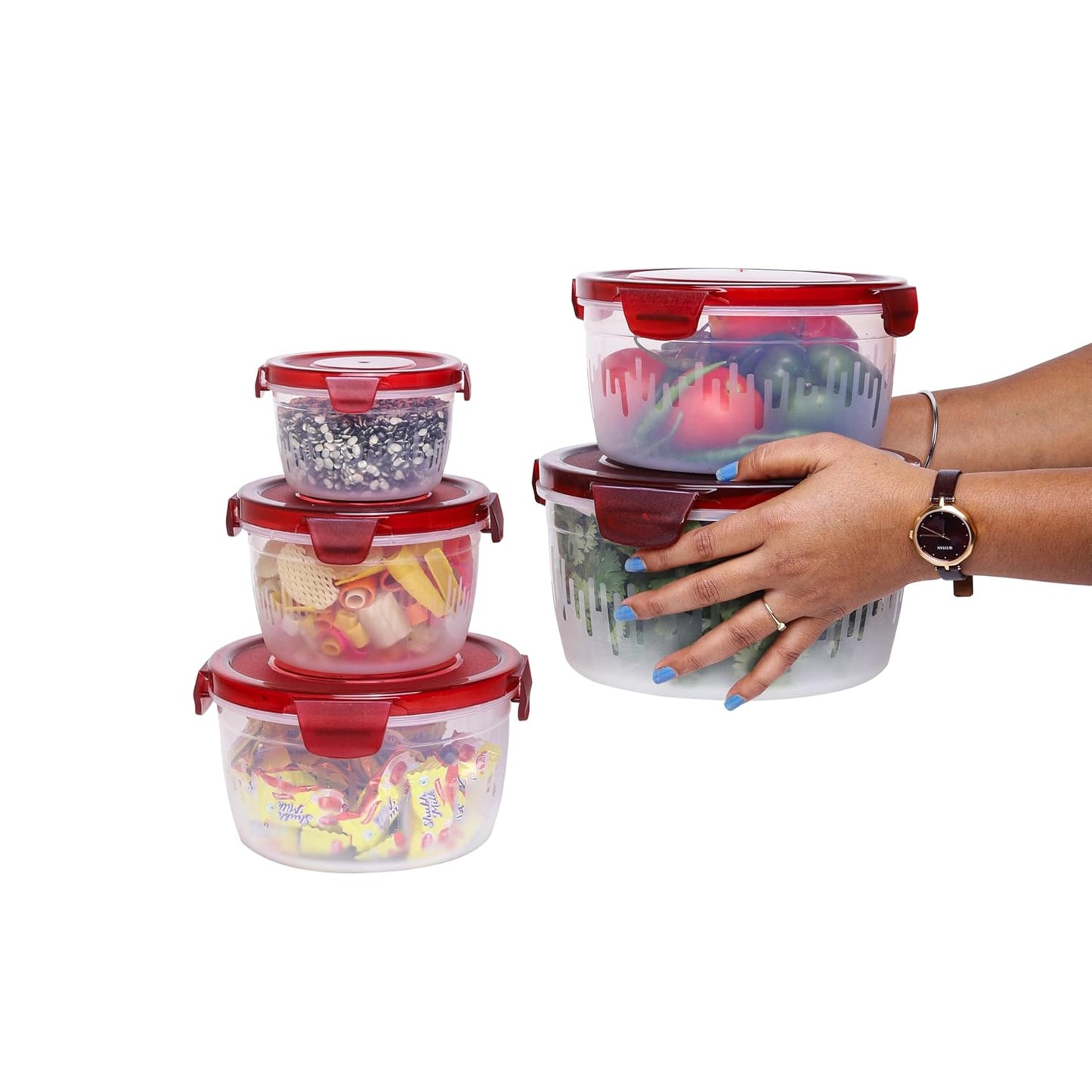 PEARLPET PP Container Circular Plastic Food Storage Container with Air Tight Lid | Fridge & Freezer Dabba Containers, Fruit Box Set of 5 (300ml, 600ml, 1200ml, 1800ml and 3000ml)