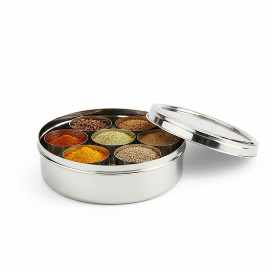 Masala Box Stainless Steel | 7 +1 Stainless Steel Cups & Spoon | See-Through Lids