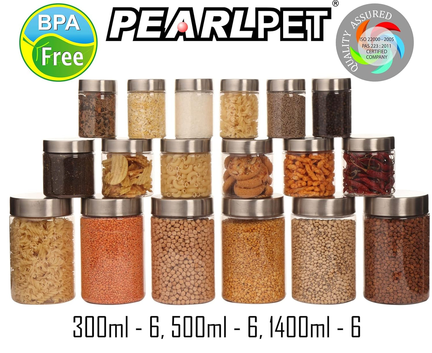 Plus Round Jars with Steel caps - Set of 18 - 300 ml, 500 ml, 1.4 litres