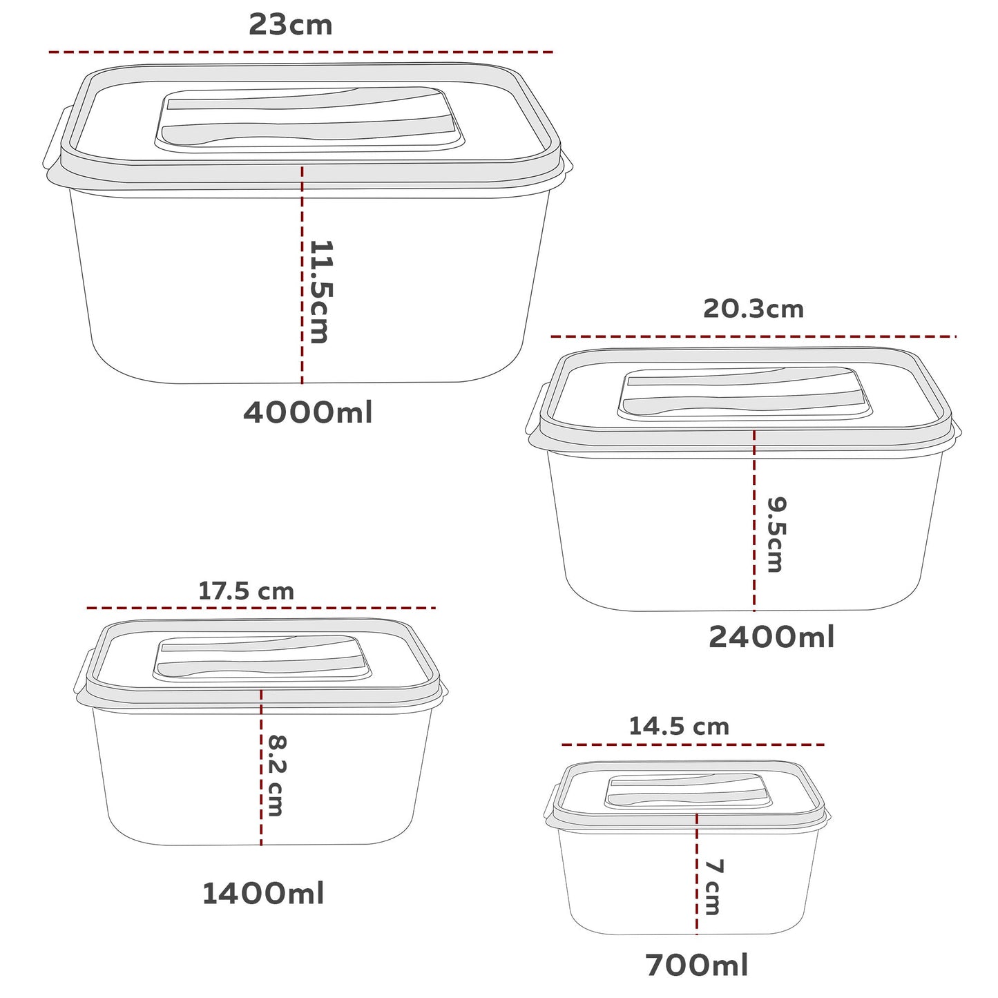 PP Container Rectangular Plastic Food Storage Container with Air Tight Lid | Fridge & Freezer Dabba Containers, Fruit Box Set of 4 (700ml, 1400ml, 2400ml and 4000ml)