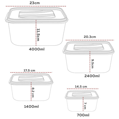 PP Container Rectangular Plastic Food Storage Container with Air Tight Lid | Fridge & Freezer Dabba Containers, Fruit Box Set of 4 (700ml, 1400ml, 2400ml and 4000ml)