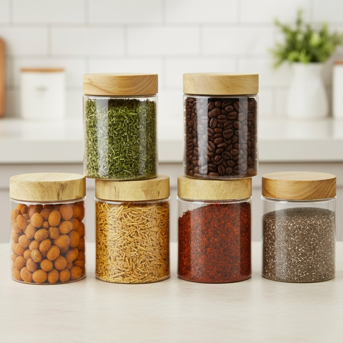 Coral Jars with Wooden like caps |Light brown| Set of 6