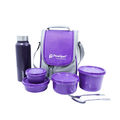 Pearlpet Executive Buffe Steel Lunch Box Set |4 containers (600ml, 400ml, 250ml, 130ml), 750ml water bottle |Leak-Proof Office Tiffin with Bag |Stylish & Travel-Friendly