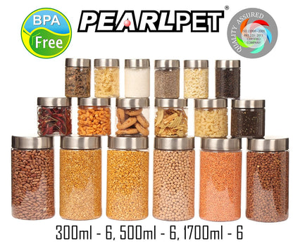 Plus Round Jars with Steel caps - Set of 18 - 300 ml, 500 ml, 1.7 litres