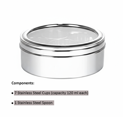 Masala Box Stainless Steel | 7 +1 Stainless Steel Cups & Spoon | See-Through Lids