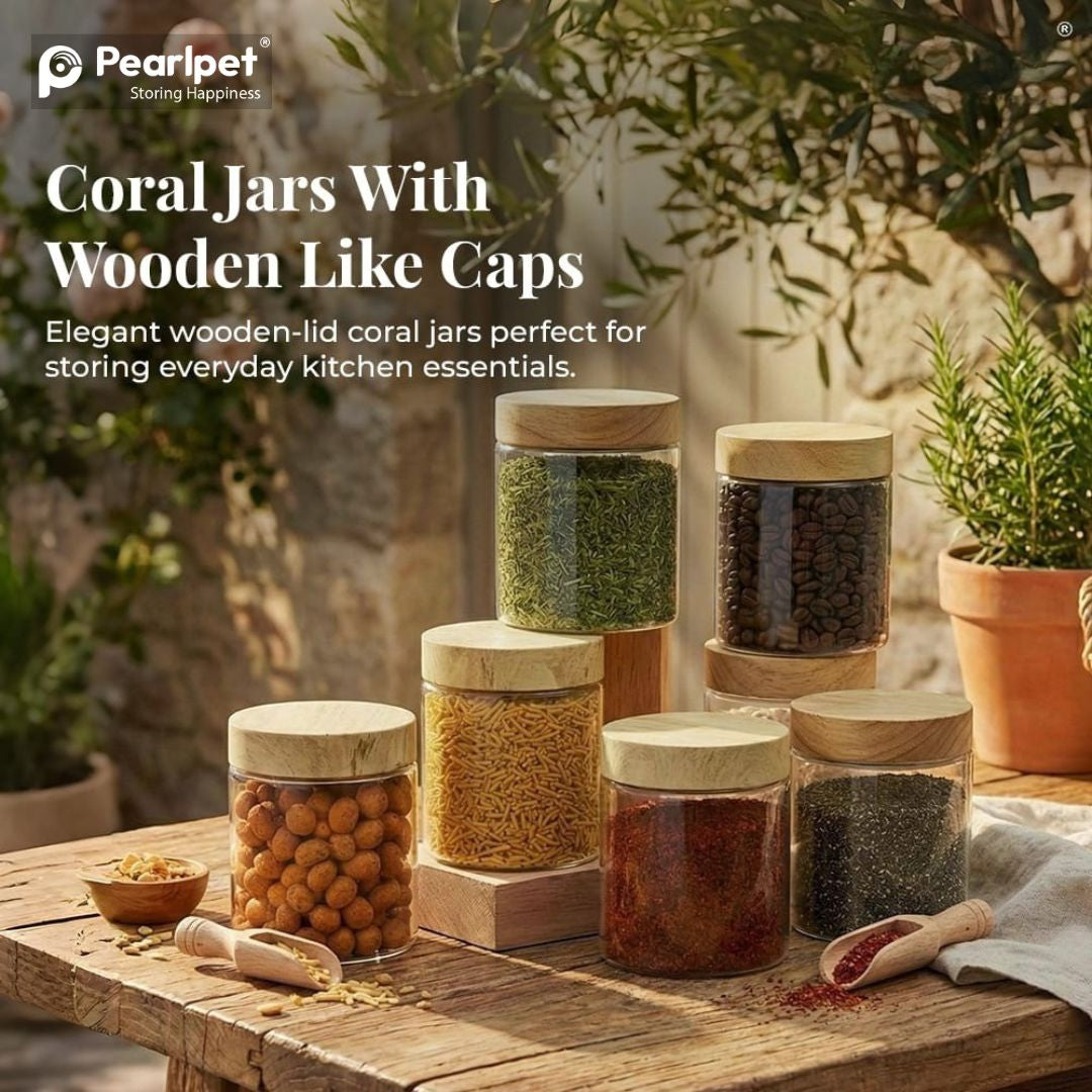 Coral Jars with Wooden like caps |Dark brown| Set of 6
