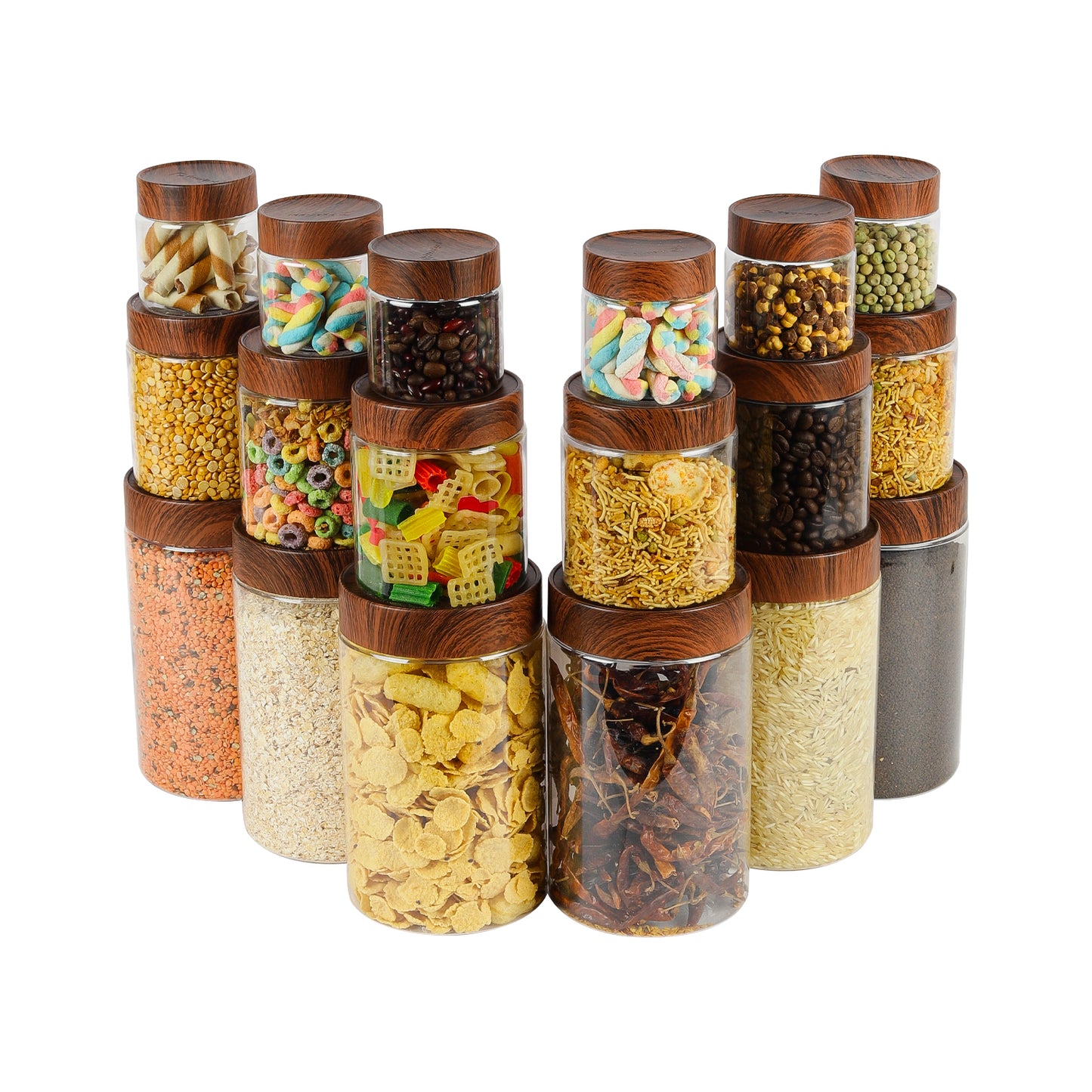 CORAL TRANSPARENT STORAGE JARS - SET OF 18 - WITH WOODEN LIDS - 200 ml, 500 ml, 1700 ml