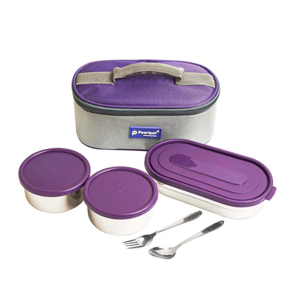 Pearlpet Executive Steel Lunch Box Set |2×300ml and 1×450ml |Leak-Proof Office Tiffin with Bag |Stylish & Travel-Friendly